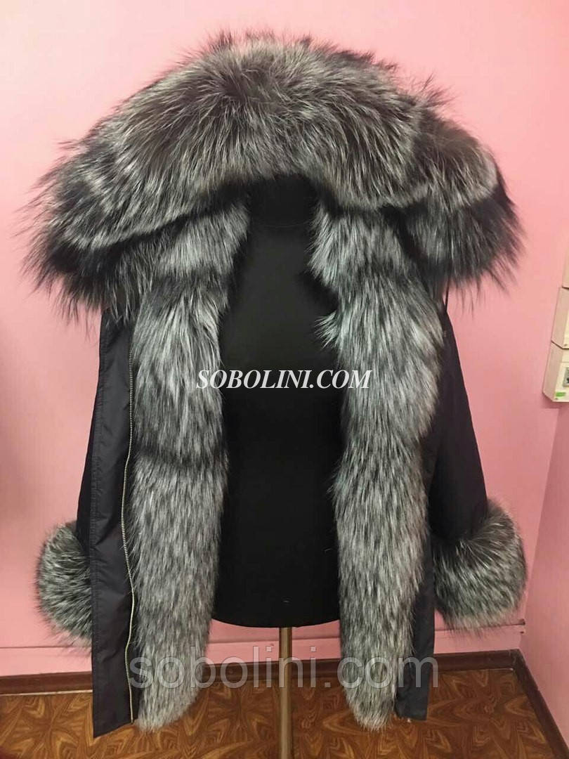 Папка 3 в 1 з хутром норвезької чорнобурки, колір плащової тканини чорний, хутро відстібається на жилет, довжина 80 см, фото 1