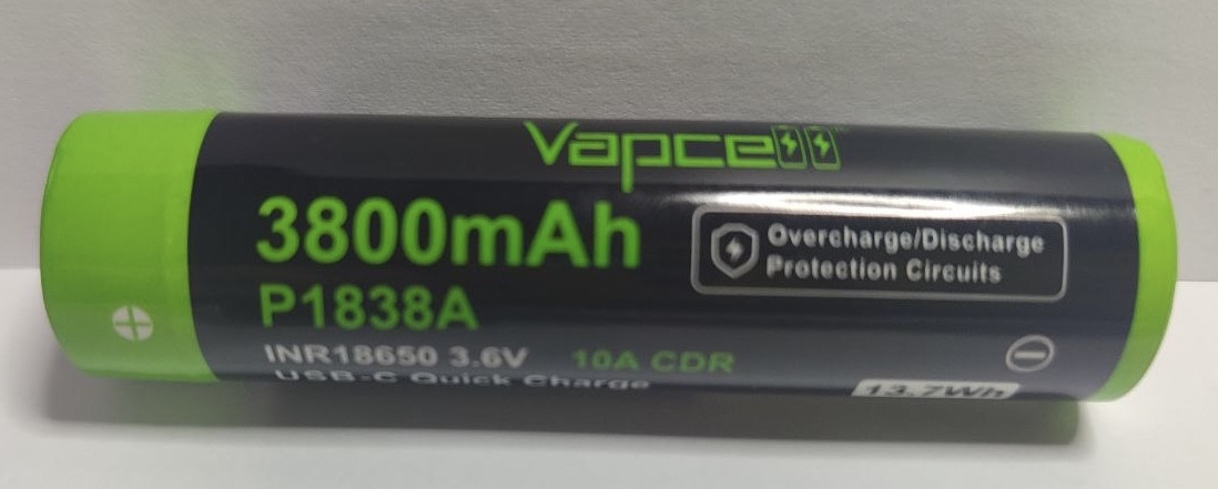 Акумулятор Vapcell P1838A 18650 3800 мА·год 10 А із захистом і роз'ємом заряду USB-C