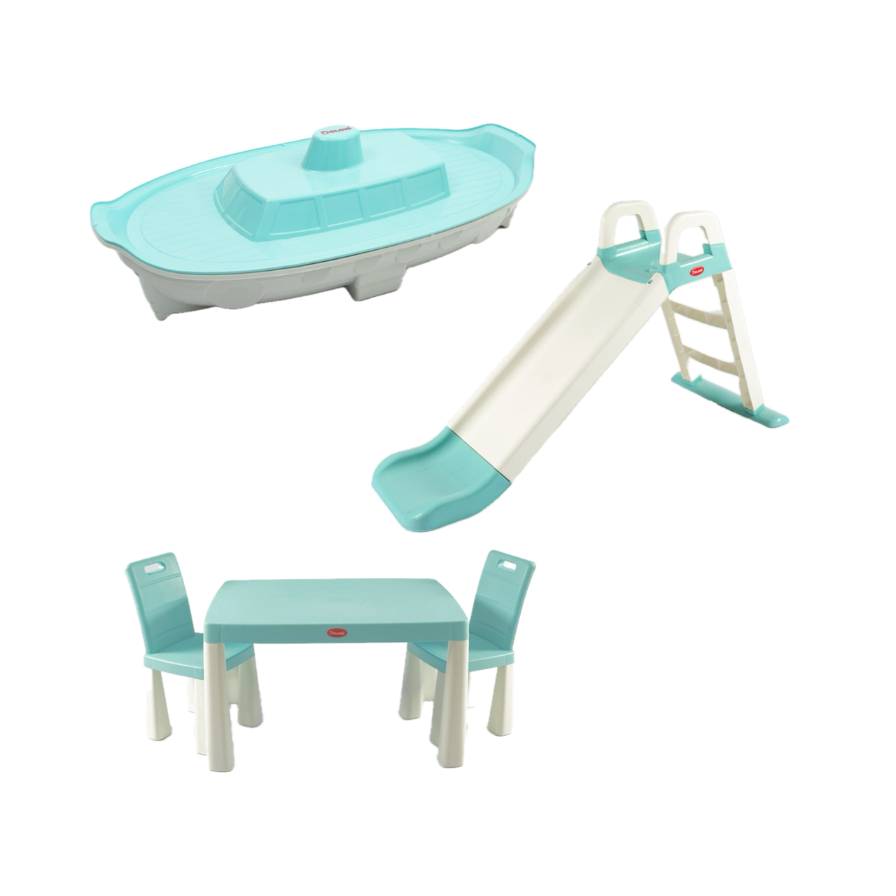 НАБІР Маленька пластикова гірка, пісочниця-басейн в формі кораблика та столик з двома стільцями ТМ Doloni, фото 1