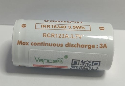 Акумулятор Vapcell 16340 T9 950 мА·год 3.6V розрядний струм 3 А RCR123