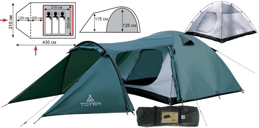 Тримісний намет Totem Carriage 3 v2 | Універсальна палатка з просторим тамбуром збільшеної довжини і одним входом для туризму, фото 1