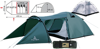 Тримісний намет Totem Carriage 3 v2 | Універсальна палатка з просторим тамбуром збільшеної довжини і одним входом для туризму