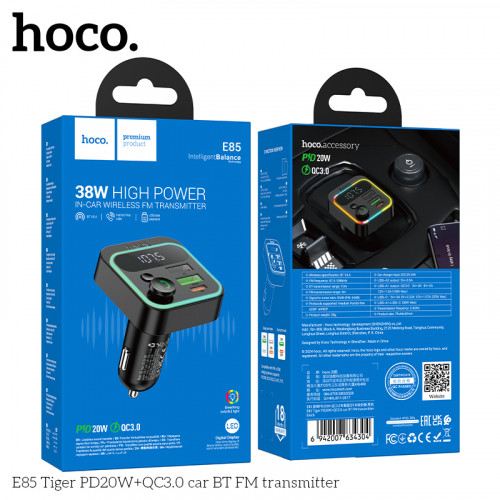 ФМ Модулятор HOCO E85 Tiger PD20W+QC3.0 car BT FM transmitter, фото 1
