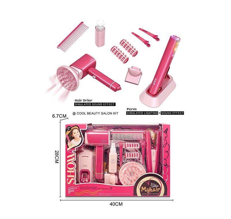Набір перукаря 2802-4 (36/2) підсвічування, функціональний фен з підставкою, затискачі, 2 насадки, гребінець, бігуді, пляшечка з