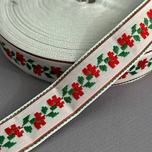 2см Тесьма национальная с орнаментом - червоні маки, зелене листя