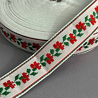 2см Тесьма национальная с орнаментом - червоні маки, зелене листя