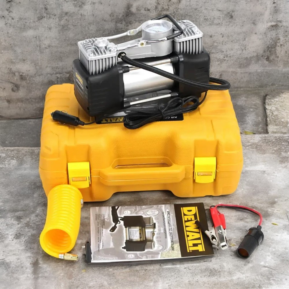 Якісний автомобільний компресор DeWalt з набором інструментів Потужний повітряний компресор Деволт 72л/хв 12V 30A