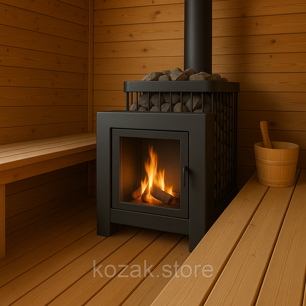 Піч-кам'янка Kozak Панорама Парної з виносом-телескоп 18-22 м3 Дров'яна піч для сауни Банні дров'яні печі