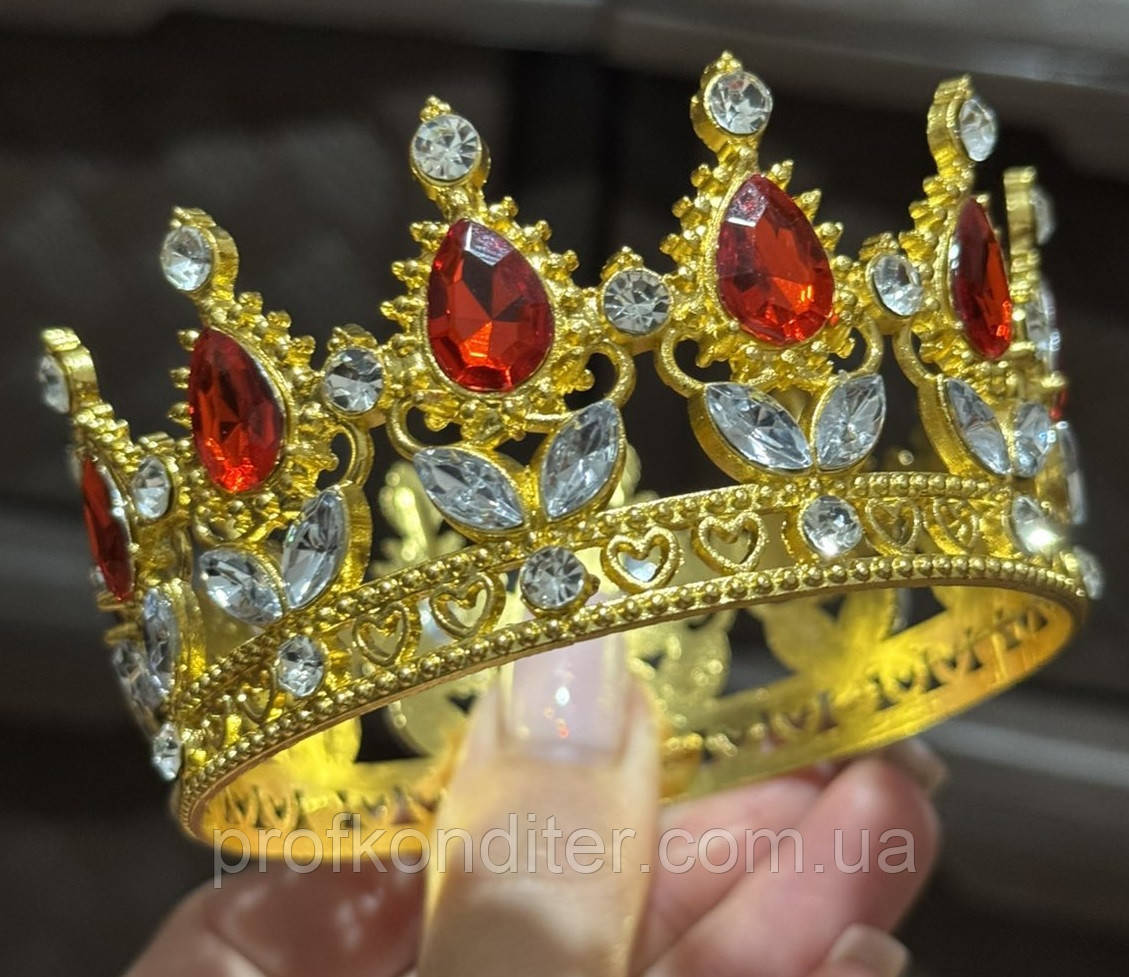 Корона металева для декору БЕНТО -  ЗОЛОТО - з ЧЕРВОНИМИ камінцями, фото 1