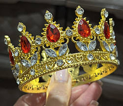 Корона металева для декору БЕНТО - ЗОЛОТО - з ЧЕРВОНИМИ камінцями