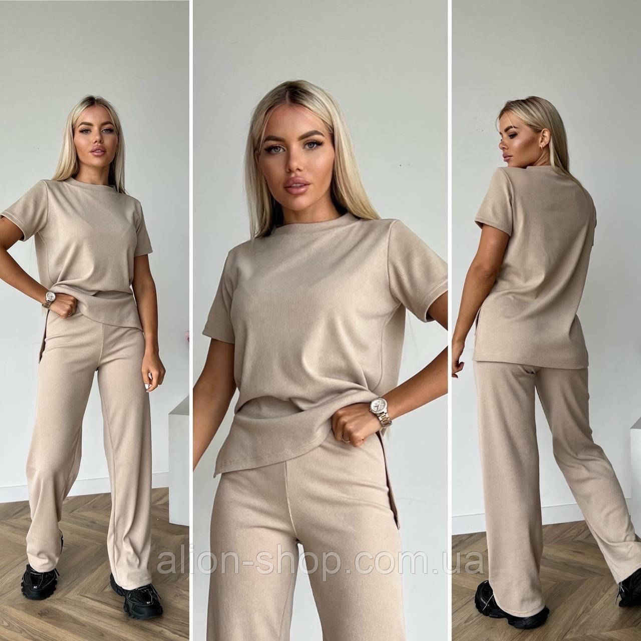 Жіночий літній прогулянковий костюм із рубчика із широкими штанами (Норма та напівбатал), фото 1