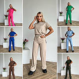Жіночий літній прогулянковий костюм із рубчика із широкими штанами (Норма та напівбатал), фото 9