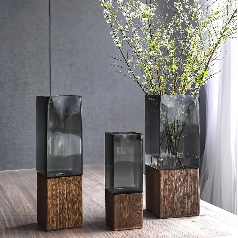 Ваза для квітів з дерев'яною основою 25х12 см вазон для квіткових композицій Чорний