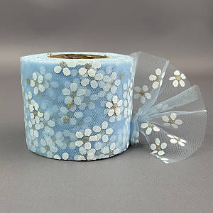 Фатин у рулонах 6 см, моток 22 м - блакитний у ромашку