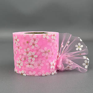 Фатин у рулонах 6 см, моток 22 м -  рожевий яскравий у ромашку