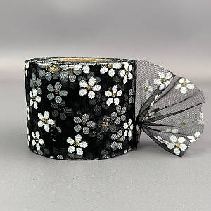 Фатин у рулонах 6 см, моток 22 м - чорний у ромашку