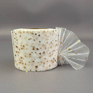 Фатин у рулонах 6 см, моток 22 м -  білий теплий з золотими зірками