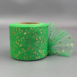 Фатин у рулонах 6 см, моток 22 м - зелений з золотими зірками