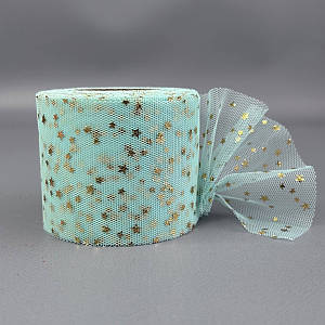 Фатин у рулонах 6 см, моток 22 м -  м'ятний з золотими зірками
