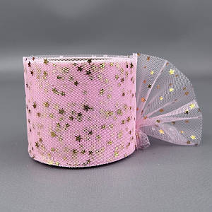 Фатин у рулонах 6 см, моток 22 м - рожевий з золотими зірками