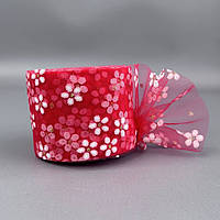 Фатин у рулонах 6 см, моток 22 м - червоний у ромашку