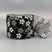 Фатин у рулонах 6 см, моток 22 м - чорний у ромашку