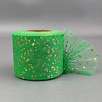Фатин у рулонах 6 см, моток 22 м - зелений з золотими зірками