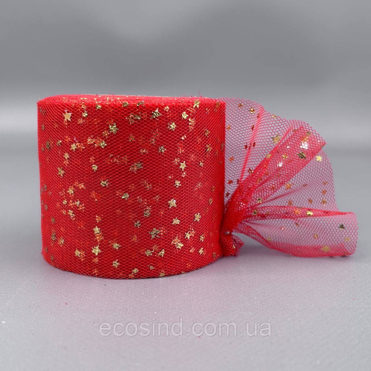 Фатин у рулонах 6 см, моток 22 м - червоний з золотими зірками, фото 1