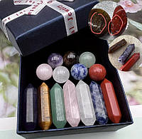 Набор натуральных кристаллов 7 чакр, камни для медитации в мешочке, шестигранные камни и сферы - 14 шт.