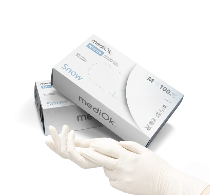Рукавички нітрилові XS, Nitrile Snow колір Білий 100шт\уп. Mediok, фото 1
