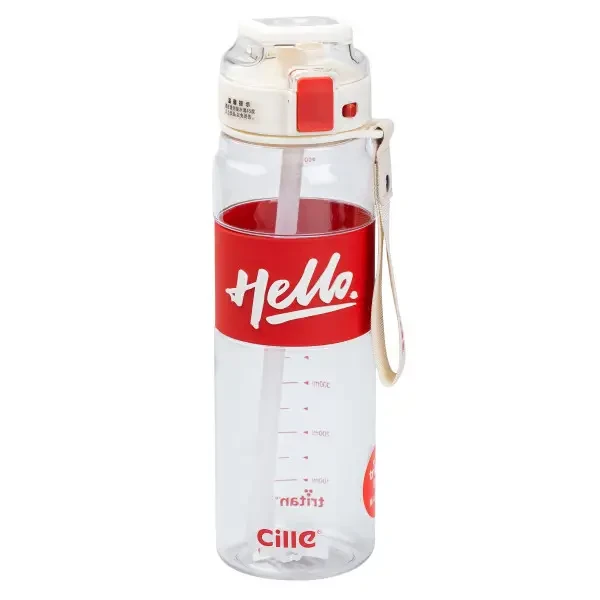 Пляшка для води спортивна Happy Life Hello 860 мл з ремінцем та ручкою, червона