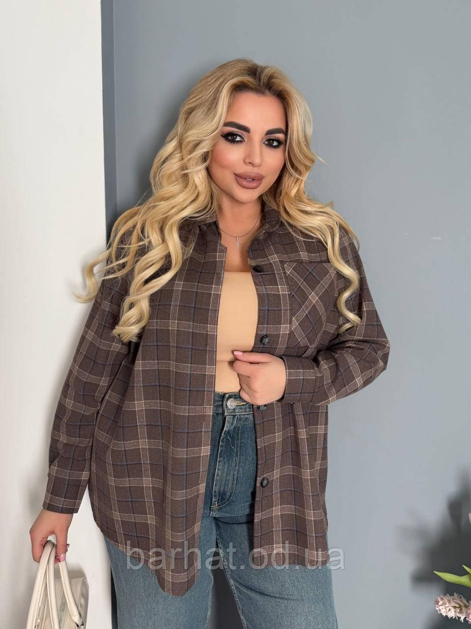 Жіноча стильна сорочка у клітинку з фланелі у кольорах (Батал), фото 1