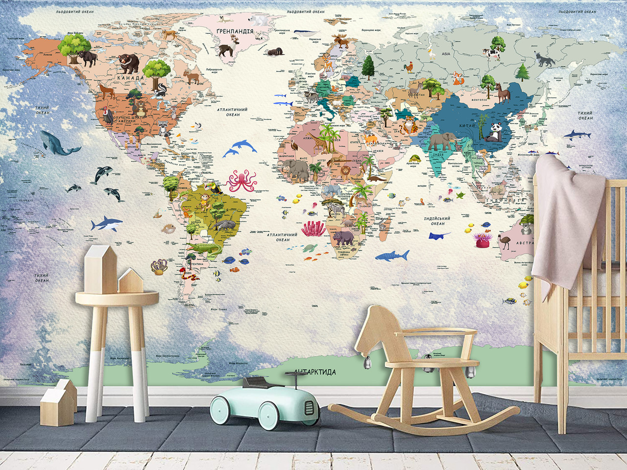 Декор для дитячої кімнати, самоклеюча плівка Oracal з малюнком "Дитяча карта світу", фото 1