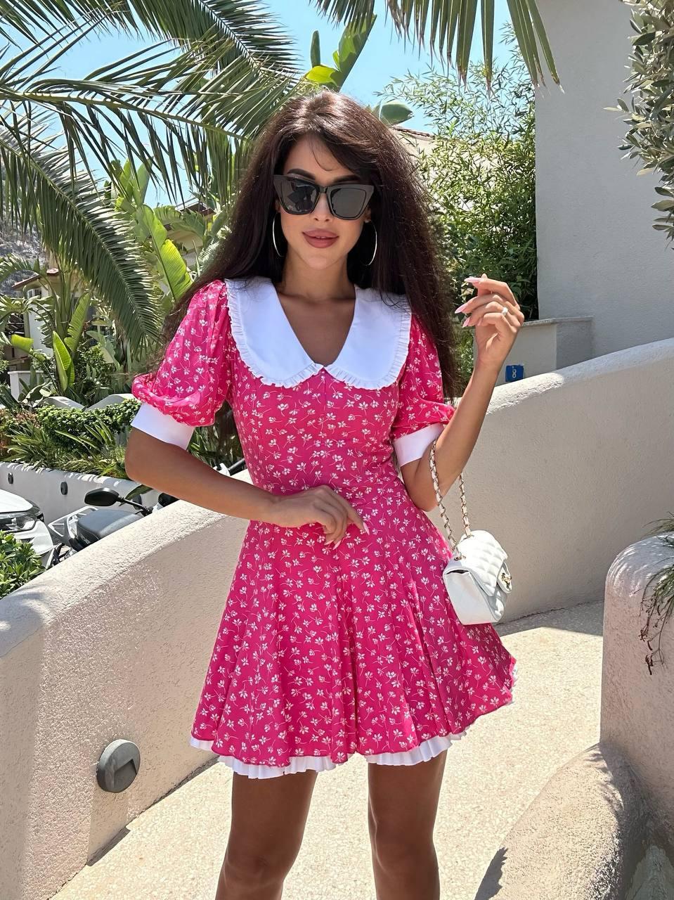 Жіноче плаття з білим коміром і подвійною спідницею зі штапелю — малинове, чорне, блакитне, S, M, фото 1