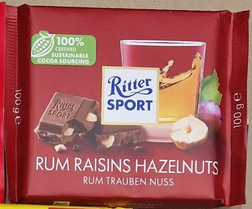 Шоколад Ritter Sport Rum Raisins Hazelnuts 100 г. Німеччина