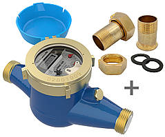 Лічильник холодної води Gross MNK-UA DN15 (1/2") 165 мм 2,5 м³/г R80 T50 мокрохід + згони (латунь)