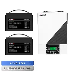 Комплект резервного живлення: автономний інвертор 4.2kW Sako SUNON IV 24V +120A MPPT та 2 акумуляторні батареї 12.8В 100Аг Cyclen
