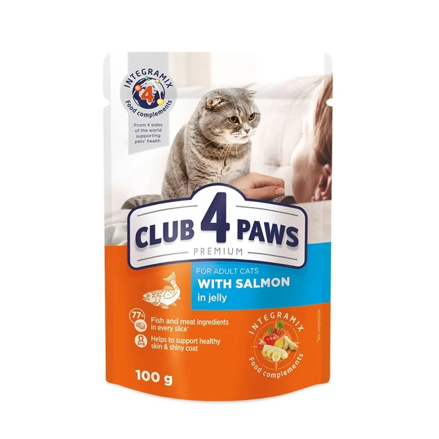 Акція! Club 4 Paws Premium Клуб 4 лапи вологий корм для котів з лососем у желе 0,85ГРх24ШТ