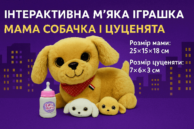 Інтерактивна іграшка мама-собака з цуценятами бежева 25 см - м'яка іграшка вагітна собака 933-140E/A