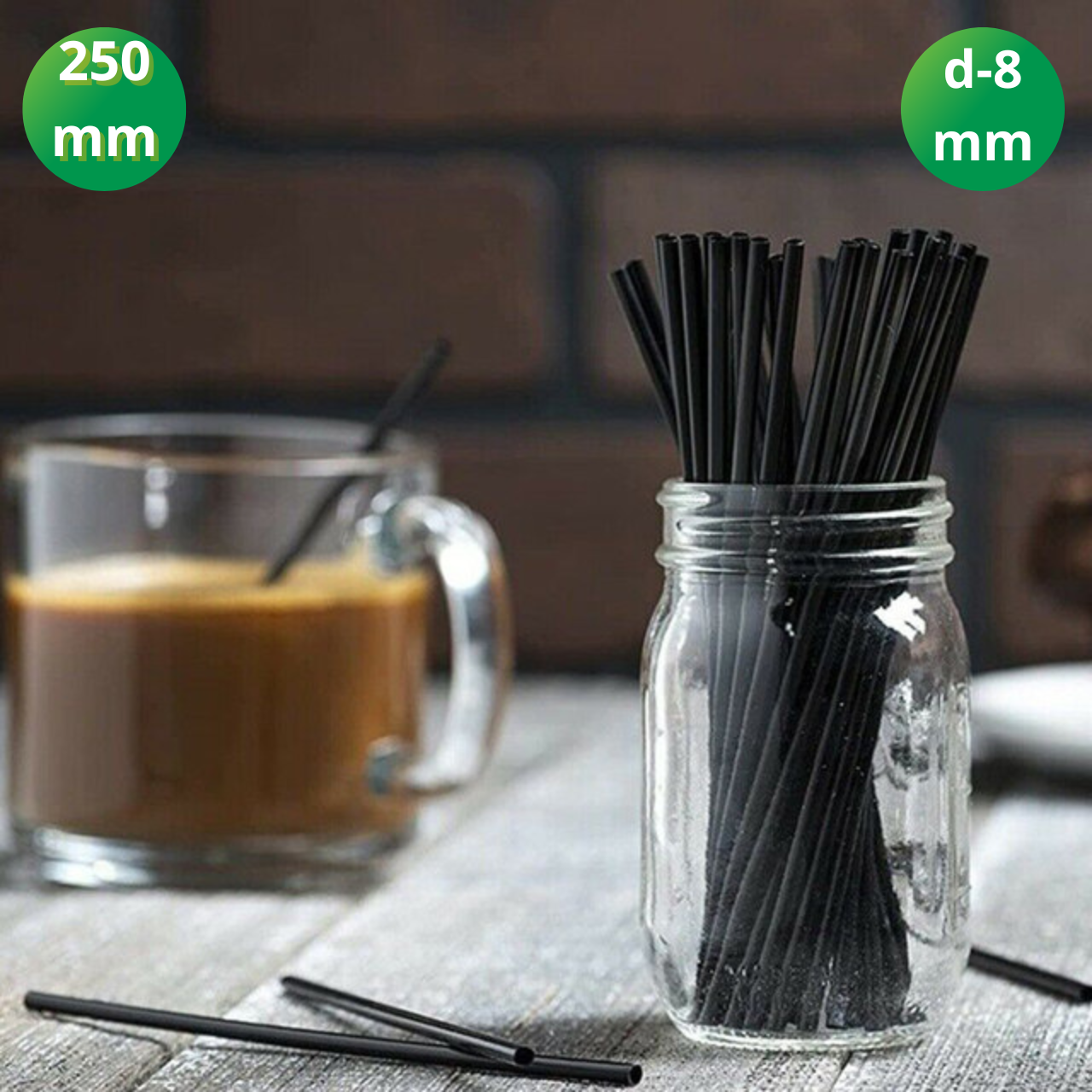 Трубочки для фрешу та молочних коктейлів 8 мм 100 шт чорні трубочки для коктейлів широкі, трубочки для соку, фото 1