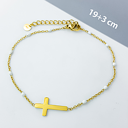 Браслет "Золотий Хрест" із білою емаллю, р.19+3; медзолото Xuping, stainless steel, позолота 12К