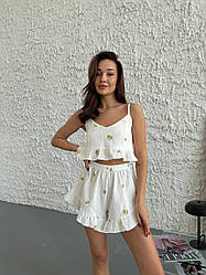 Комплект жіночий топ з шортами 100% бавовна лимони молочний