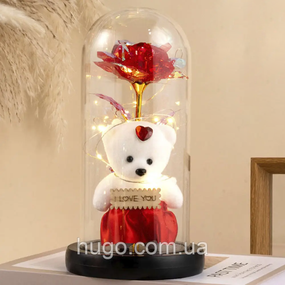 Троянда в колбі з ведмедиком і підсвічуванням 21х11см, A-3 / Квітка в колбі / Настільний світильник вічна троянда, фото 1
