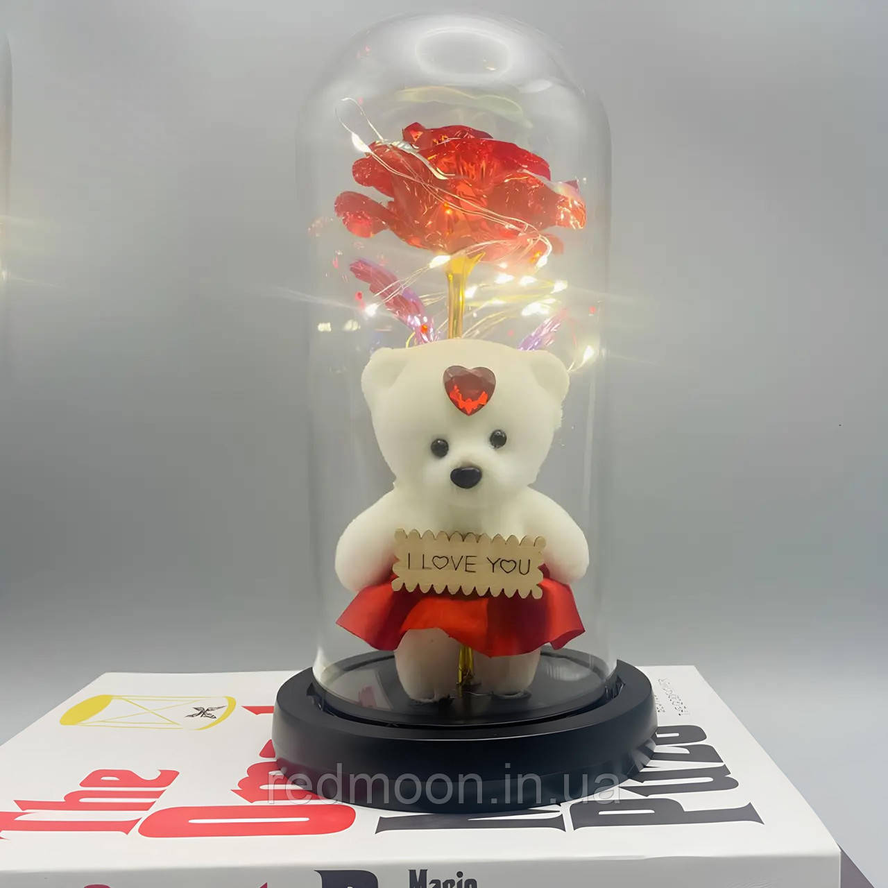 Троянда в колбі з ведмедиком і підсвічуванням 21х11см, A-3 / Нічник вічна троянда / Квітка в скляній колбі, фото 1