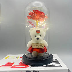 Троянда в колбі з ведмедиком і підсвічуванням 21х11см, A-3 / Нічник вічна троянда / Квітка в скляній колбі