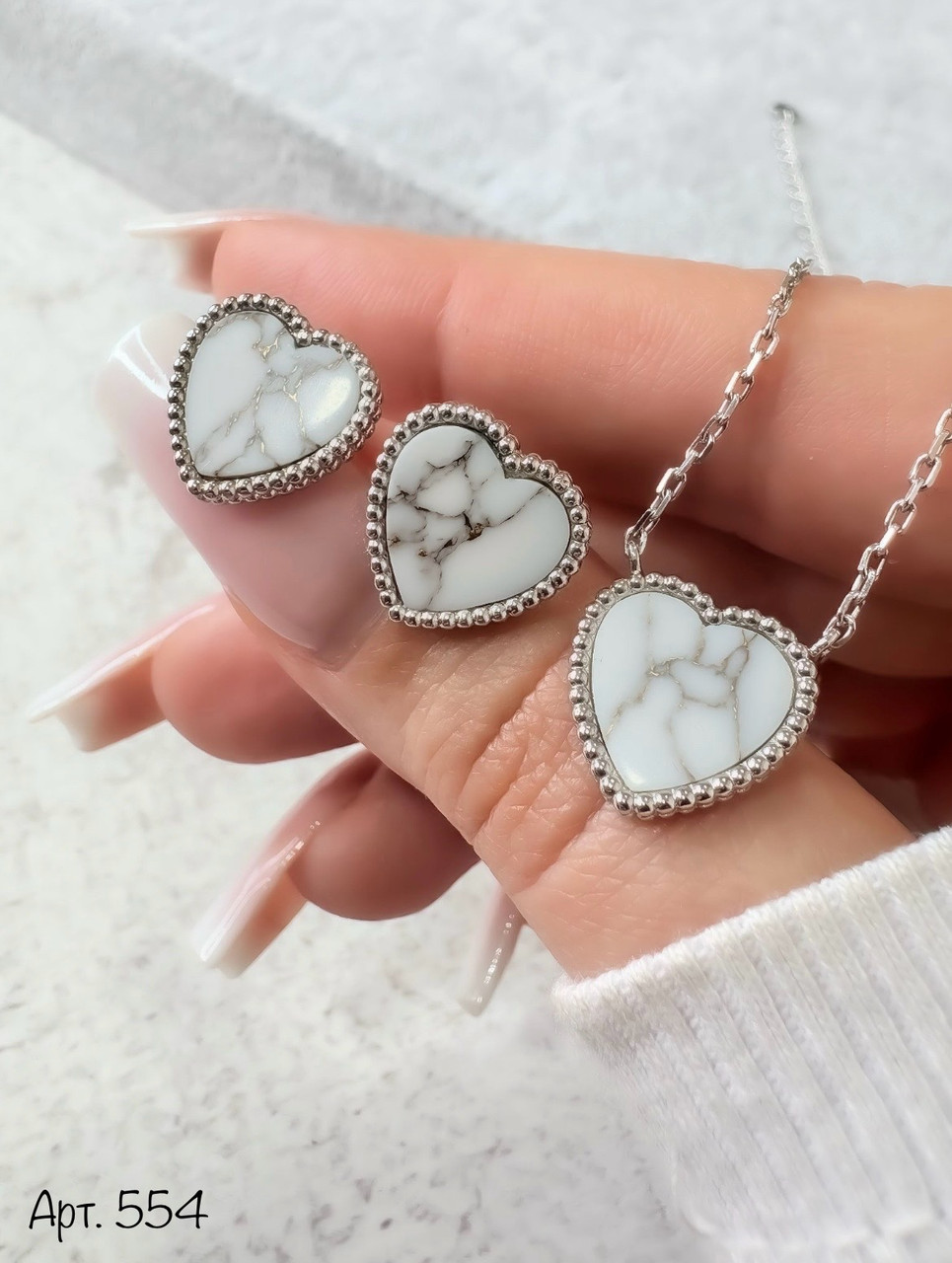 Срібний набір Пусети та Кольє (різні кольори), фото 1