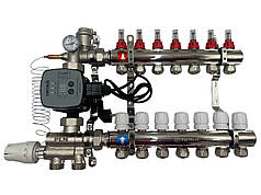 Колектор для теплої підлоги Polmark 7 контурів (латунь) в зборі нижнє підключення з частотним насосом Польща