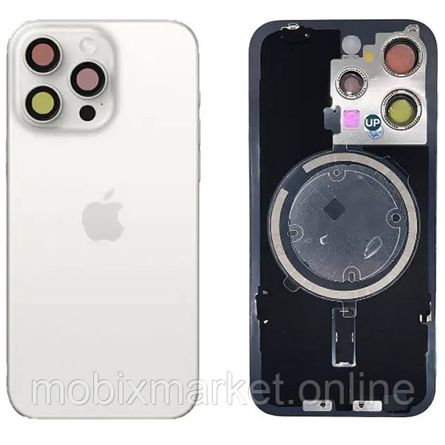 Задня кришка (скло) iPhone 15 Pro white titanium (оригінал завод) у зборі на рамці