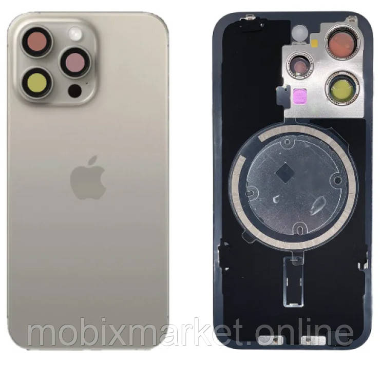 Задня кришка (скло) iPhone 15 Pro Max natural titanium (оригінал завод) у зборі на рамці