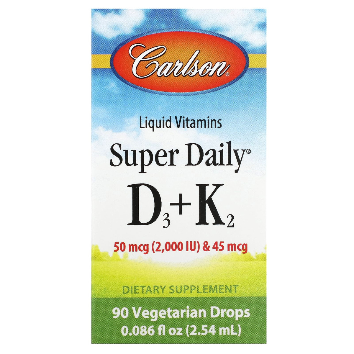 Carlson, Super Daily, D3 і K2, 90 вегетаріанських крапель, 2,54 мл (0,086 рідк. унції)